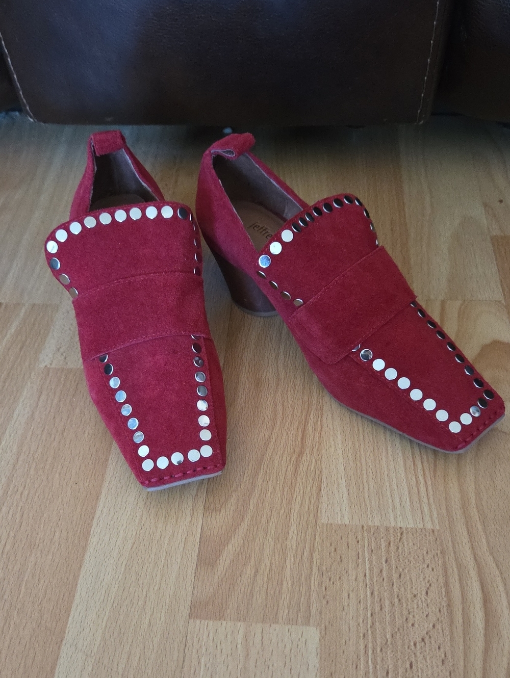 Jeffrey Campbell Cedar Red Suede Studded Square Toe Wooden Heel Loafers Size 6